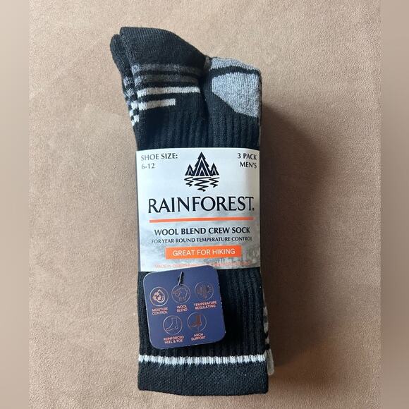 Rainforest Men's 3 Pair Wool Blend Crew Socks Year Round Temperature Control NEW - Picture 1 of 7